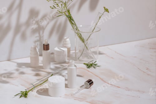 Preview: Natural cosmetic products in white packaging with laboratory glassware. Science and skincare concept
