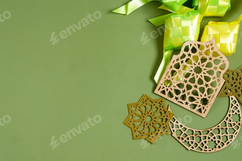 Preview: Top View Of Ramadan Kareem Islamic Decoration Over Green Sage Background