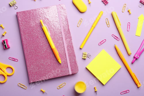 Preview: Bright school stationery on lilac background, flat lay
