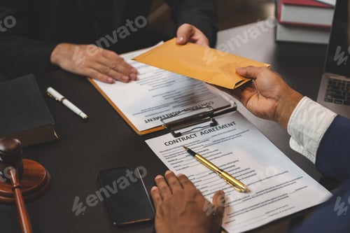 Preview: A businessman or politician together with a lawyer agrees to accept the bribe given in an envelope.