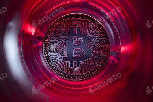 Preview: Bitcoin at the bottom of the glass with water and red lights.