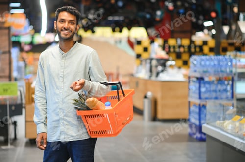 Preview: Portrait of handsome young Indian man standing at grocery shop or supermarket,