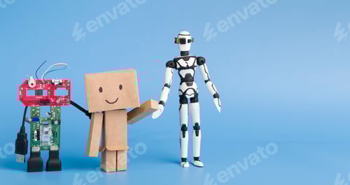 Preview: Three robots made with different materials on blue background, free space