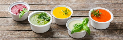 Preview: Set of seasonal fall autumn creamy soups on a table