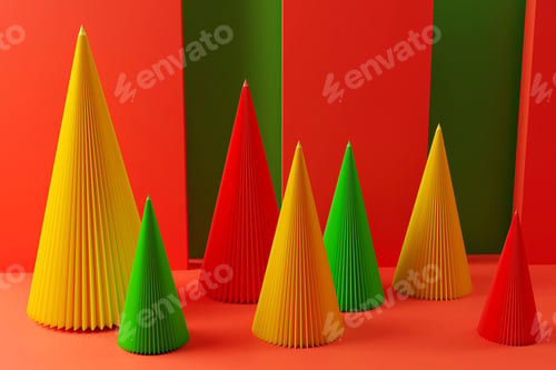 Preview: Christmas trees paper and gifts box isolated on color background. 3d render