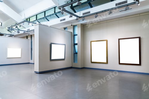 Preview: blank frames fro painting or photography on exhibition wall in a room