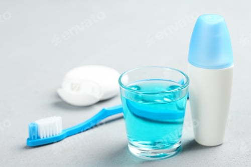 Preview: Set of oral care products on light background. Teeth hygiene