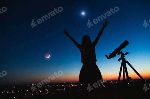 Preview: Silhouette Of A Woman And Telescope With Twilight Sky.