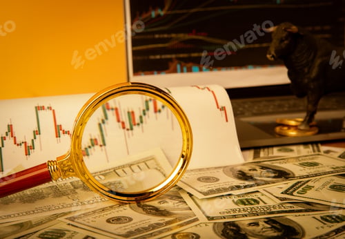 Preview: Magnifying glass on a diagram and paper money - accounting concept