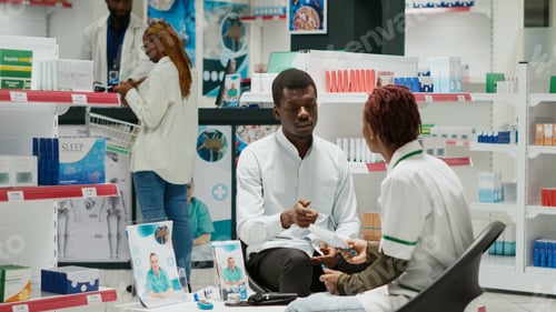 Preview: Woman pharmacist showing medicaments to man