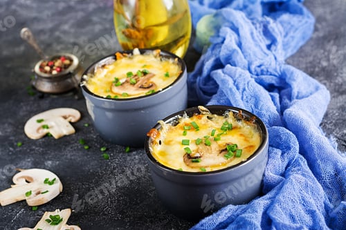 Preview: Baked mushroom julienne with chicken and cheese in pots.