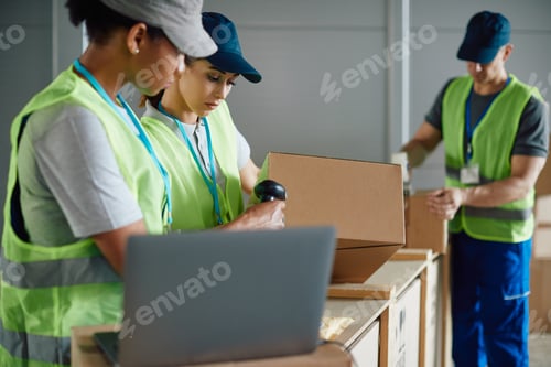Preview: Warehouse worker and her colleagues scanning packages at storage compartment.