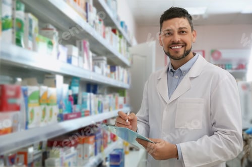 Preview: Professional pharmacist near shelves with merchandise in modern drugstore