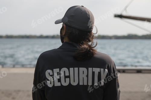 Preview: Closeup shot of a female security guard in uniform and mask watching over the harbor area