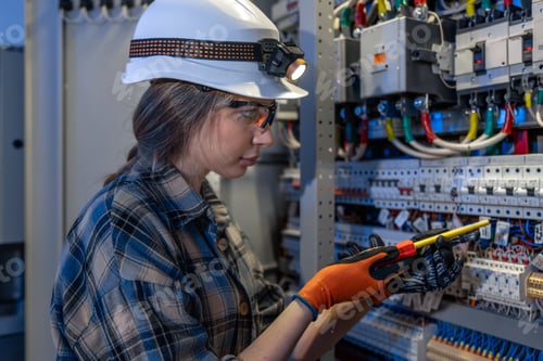 Preview: Woman electrician repairs a power cabinet wiring. Screwdriver work.
