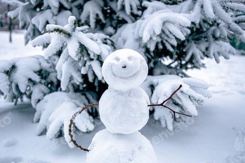 Preview: Smiling snowman. Makingsnowman in the forest from the first snow. Snowy winter