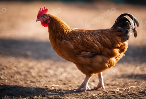 Preview: Close-up shot of a rooster caressed by the warm sun hues.