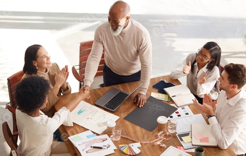 Preview: Creative business people, meeting and handshake in planning above for fashion design, success or st