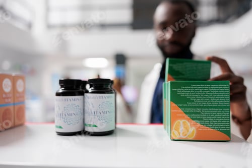 Preview: Pharmacist choosing vitamins, closeup selective focus from drugstore shelf