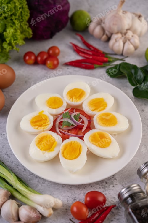 Preview: Half boiled egg in a white plate with tomatoes and spring onions.