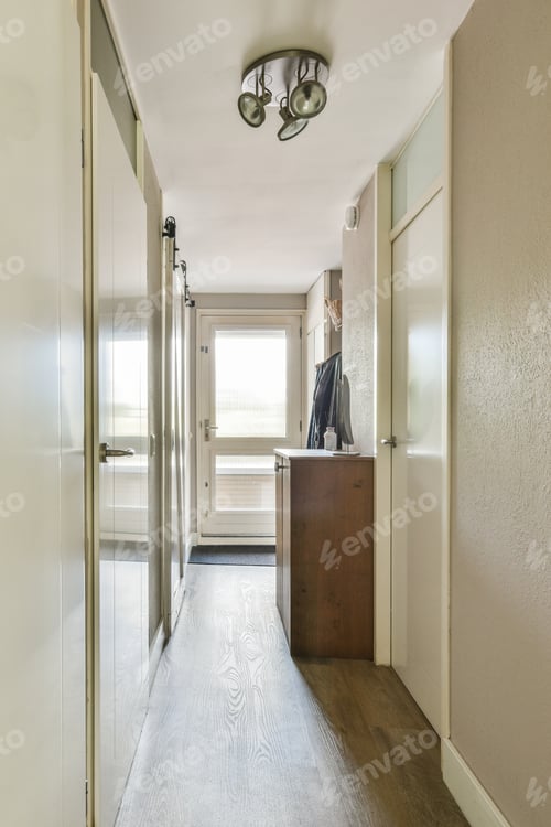 Preview: Narrow corridor with doors and lamp