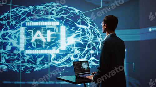 Preview: AI system administrator using laptop device in high tech futuristic workspace