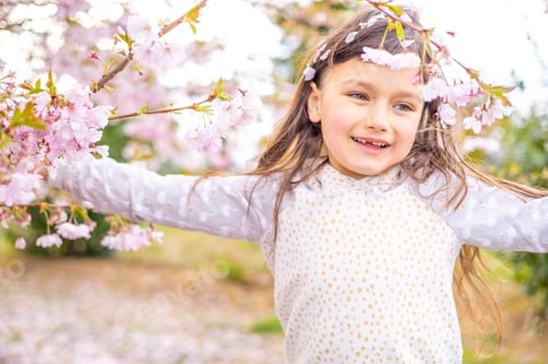 Preview: little girl six years old in a blooming sakura garden,spring,blooming,portrait
