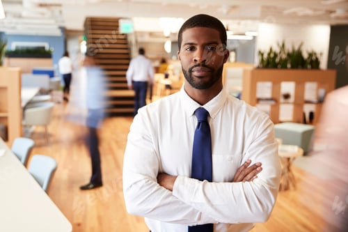 Preview: Portrait Of Businessman In Busy Modern Office With Blurred Colleagues Working In Background