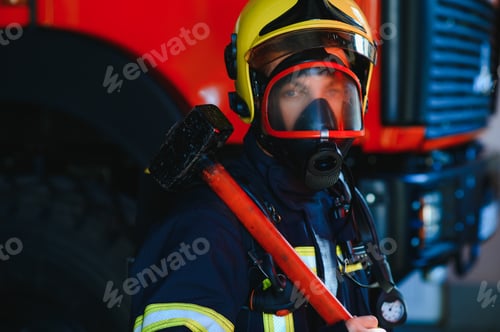 Preview: Firefighter portrait on duty. Photo fireman with gas mask and helmet near fire engine.