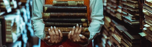 Preview: panoramic shot of woman holding retro books in library