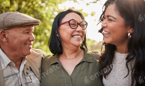 Preview: Nature, mature parents and daughter laughing at funny comedy, park humour and joke with mother, fat