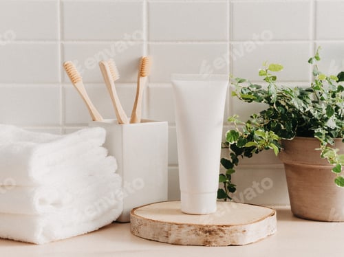 Preview: Cosmetic product tube mockup on round natural podium and bath items