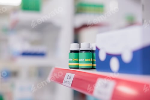 Preview: Empty health care facility filled with shelves equipped with pills bottes and pharmaceutical