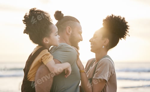 Preview: Love, family and smile at beach at sunset, bonding and having fun together. Happy, mother and fathe