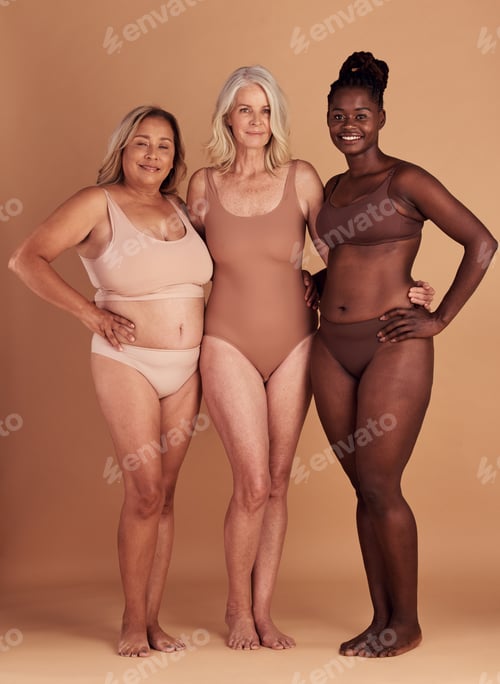 Preview: Body positive, support and portrait of diversity women happy with self love, natural beauty and con