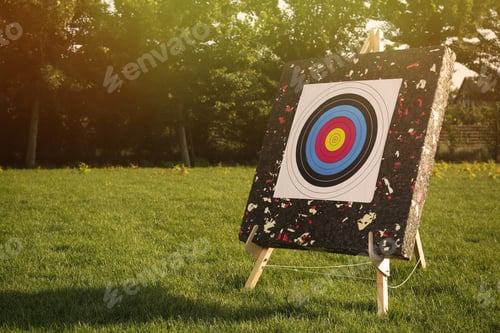 Preview: Tripod with archery target on green grass in park. Space for text