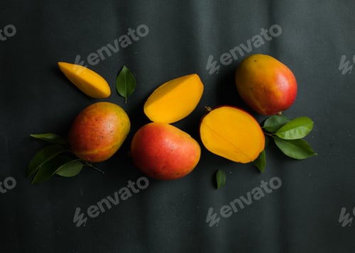 Preview: Mango background design concept. Top view of fresh mango fruit pattern with leaves on table.