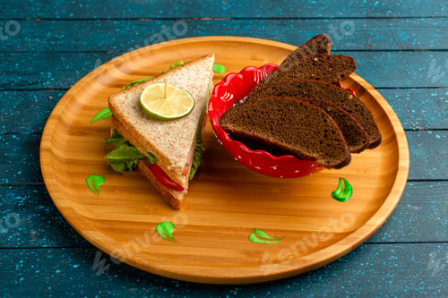 Preview: front view sandwich and bread on the wooden desk and blue background bread sandwich food meal snack