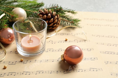 Preview: Composition with Christmas decorations and music sheets on table
