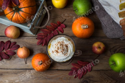 Preview: Pumpkin spice coffee latte with cream and cocoa, top view
