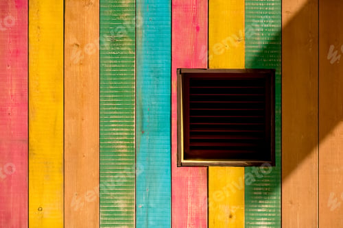 Preview: Wood wall with rainbow paint with sunlight, shadow. Colourful weathered rustic wooden plank
