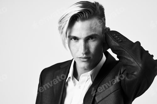 Preview: man in suit with trendy hairstyle self-confidence modern style