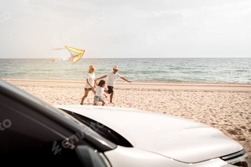 Preview: Happy Family with car travel road trip. summer vacation in car