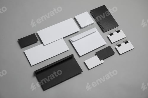 Preview: Composition with stationery on grey background. Mock up for design
