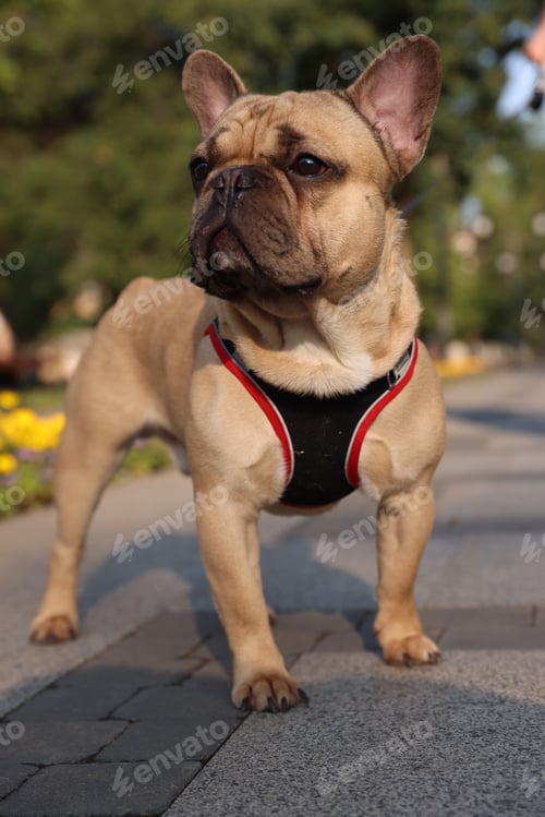 Preview: Adorable pet. Cute French bulldog with leash in park