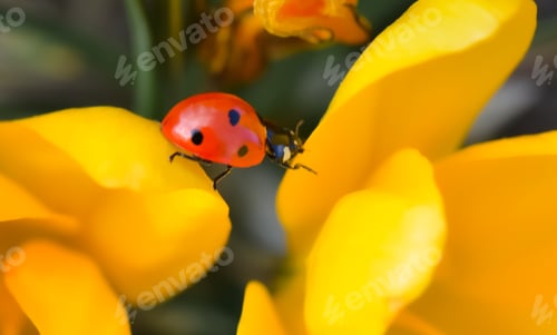 Preview: Ladybug crawling on a yellow crocus, macro shot.