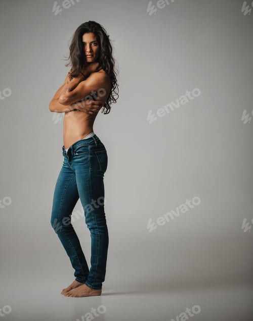 Preview: Barefoot woman in jeans and bare chest