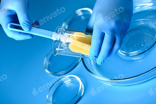 Preview: hands in gloves wash a laboratory test tube. medical concept