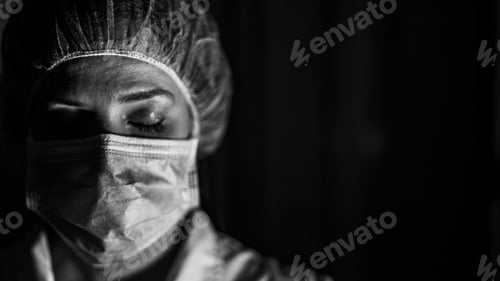 Preview: Grayscale closeup of a female healthcare worker wearing a mask on a black background