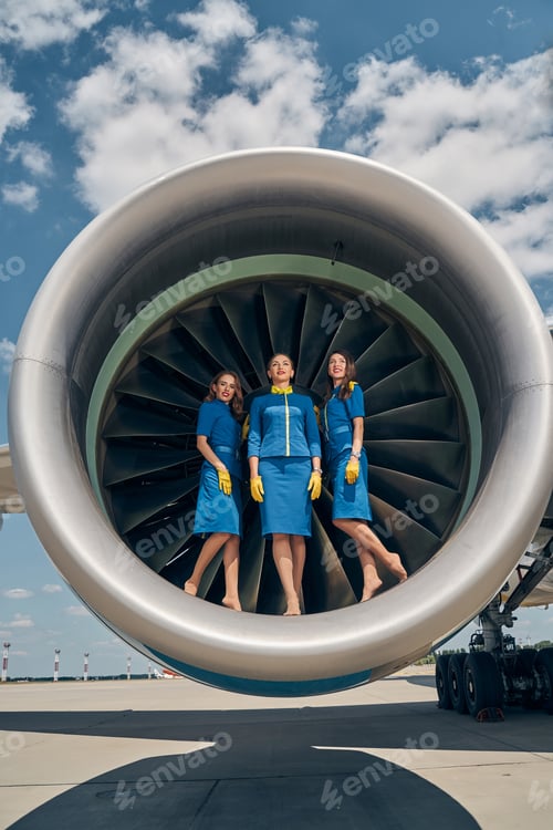 Preview: Slender airline employees posing for the camera